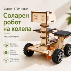 Дървен STEM модел „Соларен робот на колела“ за сглобяване – образователен комплект 12+