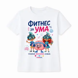 Тениска с надпис “Фитнес за ума”, С героите Виво и Вива, Детска, Бяла, Памучна, с авторски дизайн от Вивабук