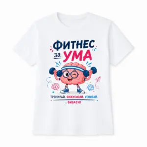Тениска с надпис “Фитнес за ума”, Детска, Бяла, Памучна, с авторски дизайн от Вивабук