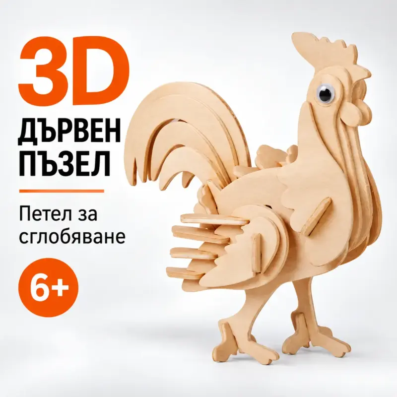 Дървен 3D пъзел Петел Дървен 3D пъзел „Петел“ – модел за сглобяване за деца 6+