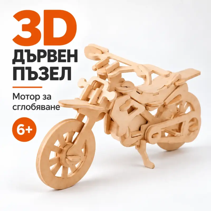 Дървен пъзел мотор Дървен 3D пъзел „Мотор“ – модел за сглобяване за деца 6+
