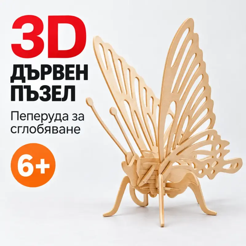 пеперуда Дървен 3D пъзел „Пеперуда“ – модел за сглобяване за деца 6+