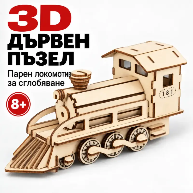 Steam train Дървен 3D пъзел „Парен локомотив“ – модел за сглобяване за деца 8+