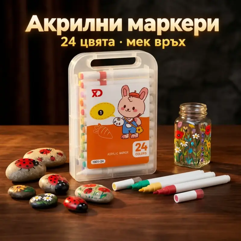 Акрилни маркери 24 цвята с мек връх – куфарче на тъмна маса с рисувани камъчета и отворени маркери