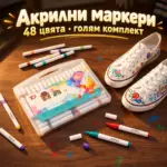 Акрилни маркери 48 цвята в куфарче – сцена на тъмна маса с рисувани предмети и отворени маркери