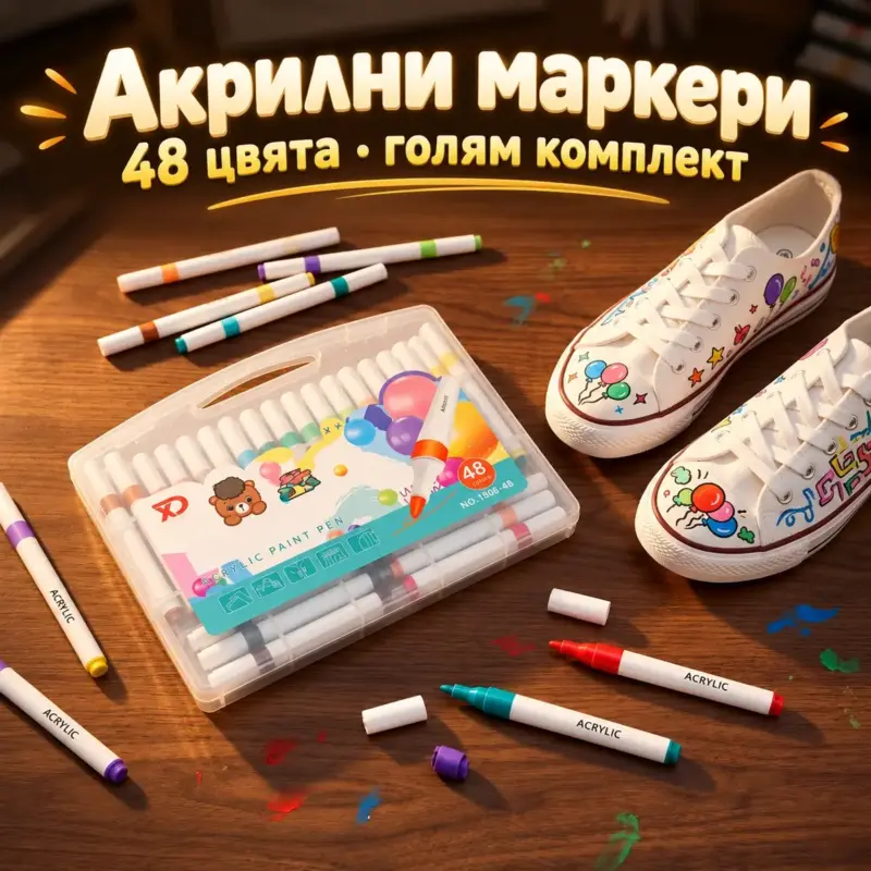 Акрилни маркери 48 цвята в куфарче – сцена на тъмна маса с рисувани предмети и отворени маркери