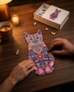 Женска и мъжка ръка поставят последните части на пъзела „Котка мандала“ вечер, до лампа, чай и свещ