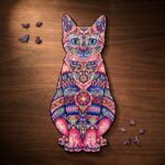 Дървен пъзел „Котка мандала“, нареден отблизо на тъмна орехова маса, с малки фигурки-животни в два от ъглите